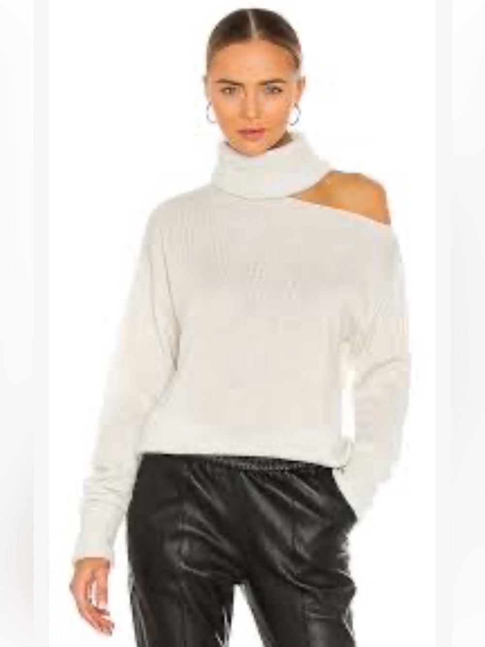 PAIGE off shoulder Ivory Metallic Silver Thread Cutout Turtleneck Sweater Size M